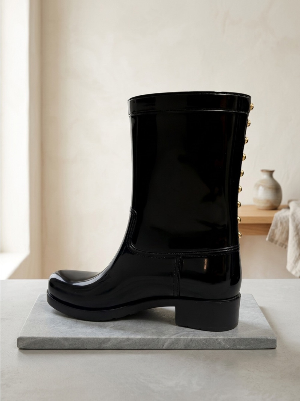 ALDO Women's Black Rubber Mid Calf Rain Boots Gold Studded Back Size US 6-7 GUC